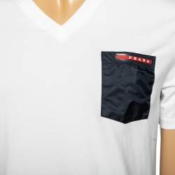 Pre Owned Prada White Stretch Cotton Pocket Detail V-Neck T-Shirt M