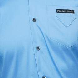 Pre Owned Prada Blue Logo Applique Stretch Cotton Full Sleeve Shirt M
