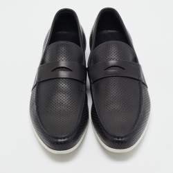 Pre Owned Prada Navy Blue Perforated Leather Slip On Loafers Size 43