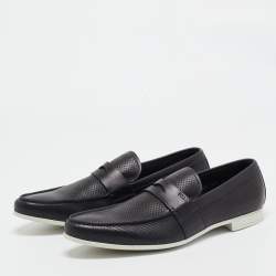 Pre Owned Prada Navy Blue Perforated Leather Slip On Loafers Size 43