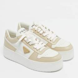 Pre Owned Prada Cream/White Leather Downtown Lace Up Sneakers Size 39
