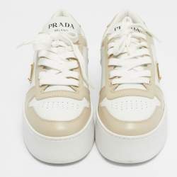 Pre Owned Prada Cream/White Leather Downtown Lace Up Sneakers Size 39