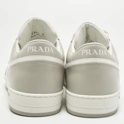 Pre Owned حذاء رياضي برادا داون تاون منخف ظ من أعلى جلد أبيض/رمادي مقاس 41.5