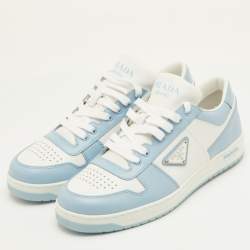 مملوكة مسبقًا حذاء رياضي برادا جلد أبيض/أزرق داونتاون بعنق قصير مقاس 41