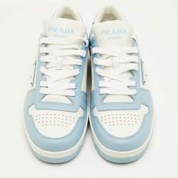 مملوكة مسبقًا حذاء رياضي برادا جلد أبيض/أزرق داونتاون بعنق قصير مقاس 41