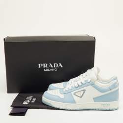 مملوكة مسبقًا حذاء رياضي برادا جلد أبيض/أزرق داونتاون بعنق قصير مقاس 41