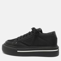 Pre Owned Prada Macro Size 38 Black Brushed Leather and Re-Nylon Low Top Sneakers