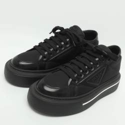 Pre Owned Prada Macro Size 38 Black Brushed Leather and Re-Nylon Low Top Sneakers