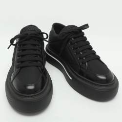 Pre Owned Prada Macro Size 38 Black Brushed Leather and Re-Nylon Low Top Sneakers