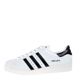 Pre Owned Prada x Adidas White/Black Leather Superstar Low Top Sneakers Size 45 1/3