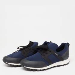 Pre Owned Prada Navy Blue/Black Nylon And Leather Lace-Up Low Top Sneakers Size 43.5