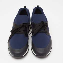 Pre Owned Prada Navy Blue/Black Nylon And Leather Lace-Up Low Top Sneakers Size 43.5