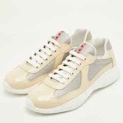 Pre Owned Prada Sport Size 41.5 Beige/Grey Mesh and Patent Leather Low Top Sneakers