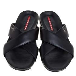 Pre Owned Prada Sport Black Leather Cross Strap Flat Sandals Size 42