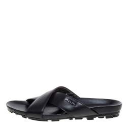 Pre Owned Prada Sport Black Leather Cross Strap Flat Sandals Size 42