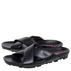 Pre Owned Prada Sport Black Leather Cross Strap Flat Sandals Size 42