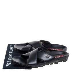 Pre Owned Prada Sport Black Leather Cross Strap Flat Sandals Size 42