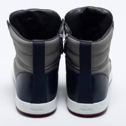 Pre Owned Prada Sport Grey/Navy Blue Canvas and Leather High Top Sneakers Size 44