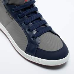 Pre Owned Prada Sport Grey/Navy Blue Canvas and Leather High Top Sneakers Size 44