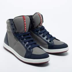Pre Owned Prada Sport Grey/Navy Blue Canvas and Leather High Top Sneakers Size 44