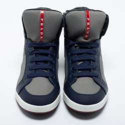 Pre Owned Prada Sport Grey/Navy Blue Canvas and Leather High Top Sneakers Size 44