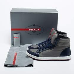 Pre Owned Prada Sport Grey/Navy Blue Canvas and Leather High Top Sneakers Size 44