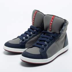 Pre Owned Prada Sport Grey/Navy Blue Canvas and Leather High Top Sneakers Size 44