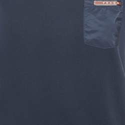 Prada Blue Cotton Rubber Logo Nylon Pocket V-Neck T-Shirt S