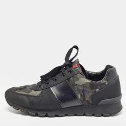 Prada Sport Black/Green Leather and Camouflage Print Nylon Low Top Sneakers Size 43.5 