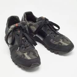 Prada Sport Black/Green Leather and Camouflage Print Nylon Low Top Sneakers Size 43.5 
