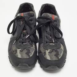 Prada Sport Black/Green Leather and Camouflage Print Nylon Low Top Sneakers Size 43.5 
