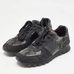 Prada Sport Black/Green Leather and Camouflage Print Nylon Low Top Sneakers Size 43.5 