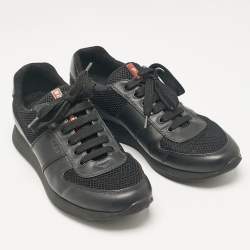 Prada Sport Black Leather and Mesh Lace Up Sneakers Size 42.5