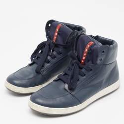 Pre Owned Prada Sport Blue Leather High Top Sneakers Size 41.5