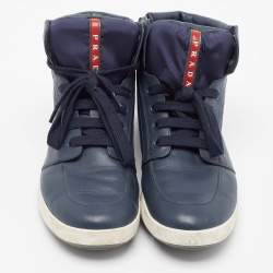 Pre Owned Prada Sport Blue Leather High Top Sneakers Size 41.5