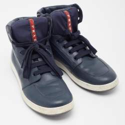 Pre Owned Prada Sport Blue Leather High Top Sneakers Size 41.5