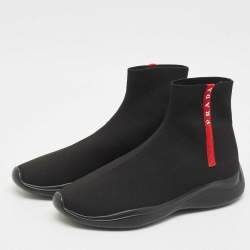 Prada Sport Black Knit Fabric High Top Sneakers Size 43
