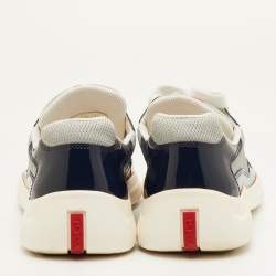 مملوكة مسبقًا حذاء رياضي برادا سبورت منخفض من أعلى جلد براءة اختراع وكاش شبكة أزرق كحلي/رمادي مقاس 41.5