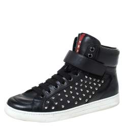 Prada Sport Black Leather Studded Lace Up High Top Sneakers Size 42