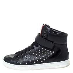 Prada Sport Black Leather Studded Lace Up High Top Sneakers Size 42