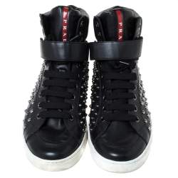 Prada Sport Black Leather Studded Lace Up High Top Sneakers Size 42