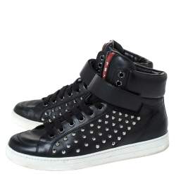 Prada Sport Black Leather Studded Lace Up High Top Sneakers Size 42