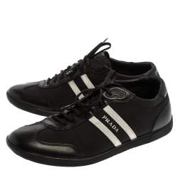 Pre Owned حذاء رياضي برادا نايلون وجلد أبيض/أسود بعنق �منخفض مقاس 42