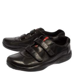Pre Owned Prada Sport Black Leather And Mesh Double Strap Low Top Sneakers Size 45