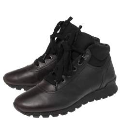 Pre Owned Prada Sport Dark Brown Leather High Top Sneakers Size 42.5