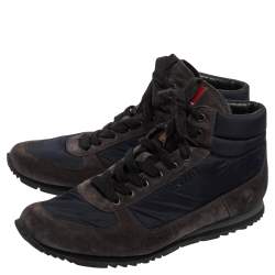 Pre Owned Prada Sport Grey/Blue Nylon and Suede High Top Sneakers Size 45