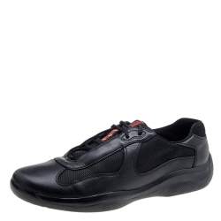 Prada Sport Black Leather And Knit Fabric Low Top Sneakers Size 44.5