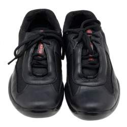 Pre Owned Prada Sport Black Leather And Knit Fabric Low Top Sneakers Size 41.5