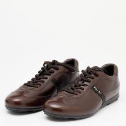 Pre Owned Prada Sport Brown Leather Logo Stripe Low Top Sneakers Size 43.5