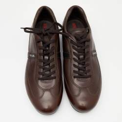 Pre Owned Prada Sport Brown Leather Logo Stripe Low Top Sneakers Size 43.5